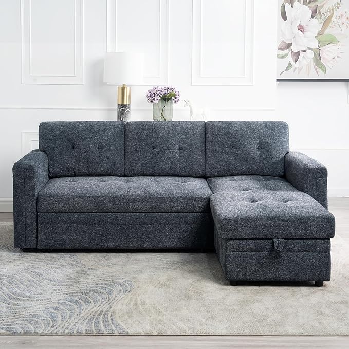 Naomi Home Lily Sectional Sleeper Sofa with USB Ports-M-Shaped Couch Convertible Pull-Out Bed Ample StorageTimeless DesignSturdy ConstructionLong-Lasting for Modern Living - Gray Microfiber