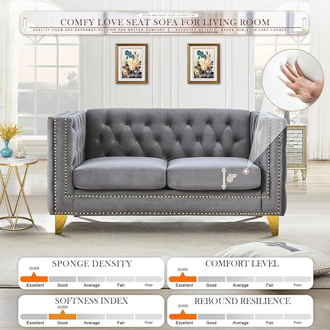 58-Inch Velvet Loveseat Sofa Comfy Couch for Living Room Modern Sofa with Tufted Back and Rivet Decoration Upholstered Small Love Seat with Solid Golden Metal Tapered Legs Grey