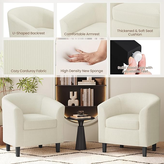 Yaheetech Corduroy Barrel Chair Upholstered Club Accent Chair Round Armchair with Soft Cushion for Living Room Bedroom Reading Waiting Room Beige