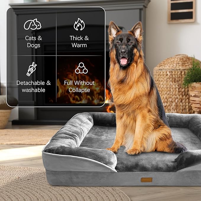 Orthopedic Dog Bed with Sides - Dog Sofa Beds for Extra Large Dogs Supportive Foam Pet Couch Bed with Washable Removable Cover Waterproof Lining and Non-Slip Bottom Grey - XXL