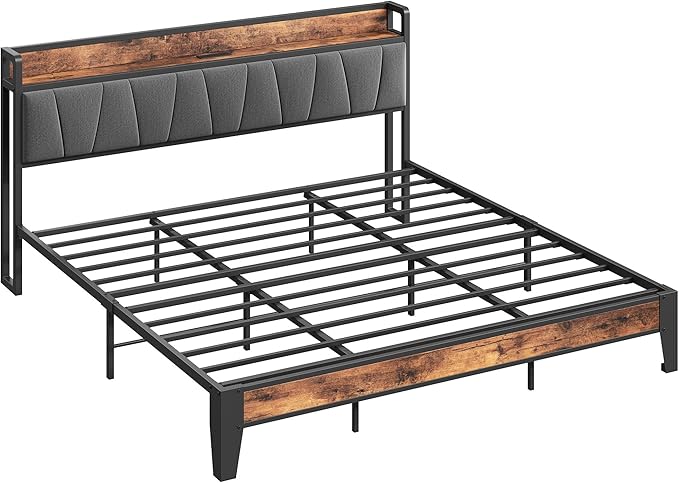 LIKIMIO King Size Bed Frame Storage Headboard with Charging Station Solid and Stable Noise Free No Box Spring Needed Easy Assembly