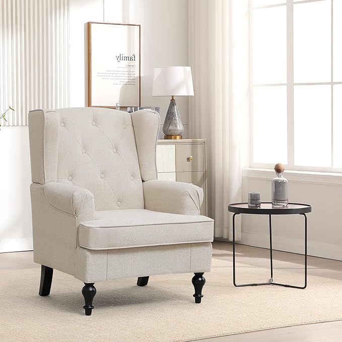 Accent Chair for Living Room Mid Century Modern Upholstered Armchair Wingback Chair with Tufted High Back and Solid Legs Comfy Single Sofa Side Chairs for Bedroom Khaki