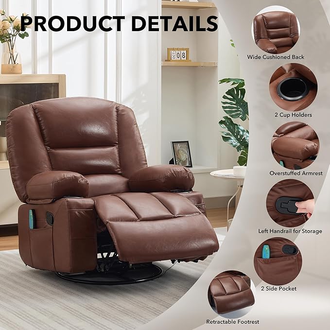 Oversized Wide Recliner Chair-Heat and Vibration Massage PU Leather Manual Recliner for Adults 360° Swivel Rocker Chair with Cup Holders &amp Side PocketLazy Boy Chair for Living Room BedroomBro