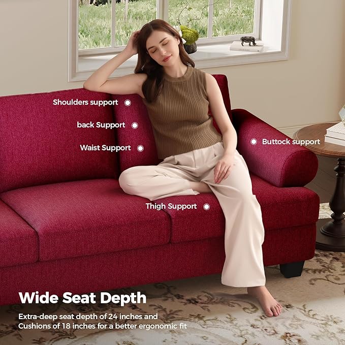 91 Inch Lawson Sofa with Extra Deep Seats Oversize Mid-Century 3-Seat Sofa Couch for Living Room Apartment Lounge Red