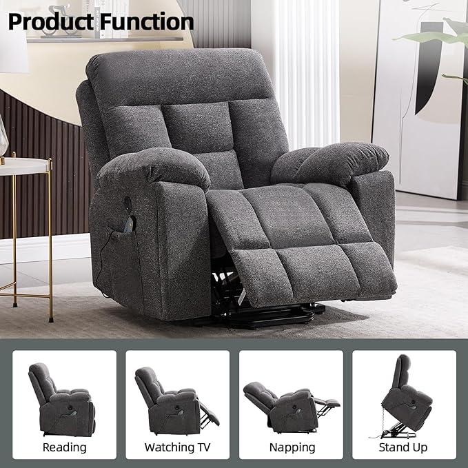 CANMOV Large Power Lift Recliner Chair with Massage and Heat for Elderly Big and Tall People Overstuffed Wide Recliners with 2 Cup Holders Side Pocket and USB Port Dark Grey