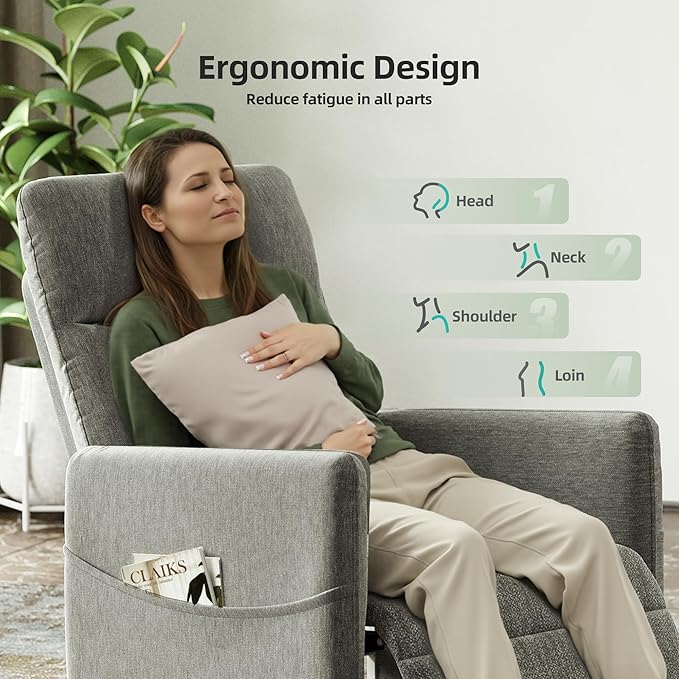Power Swivel Recliner Chairs Linen Electric Glider Rocking Chair for Adults with Footrest &amp Backrest Nursery Recliner Chairs for Small Spaces Living Room (Light Gray)
