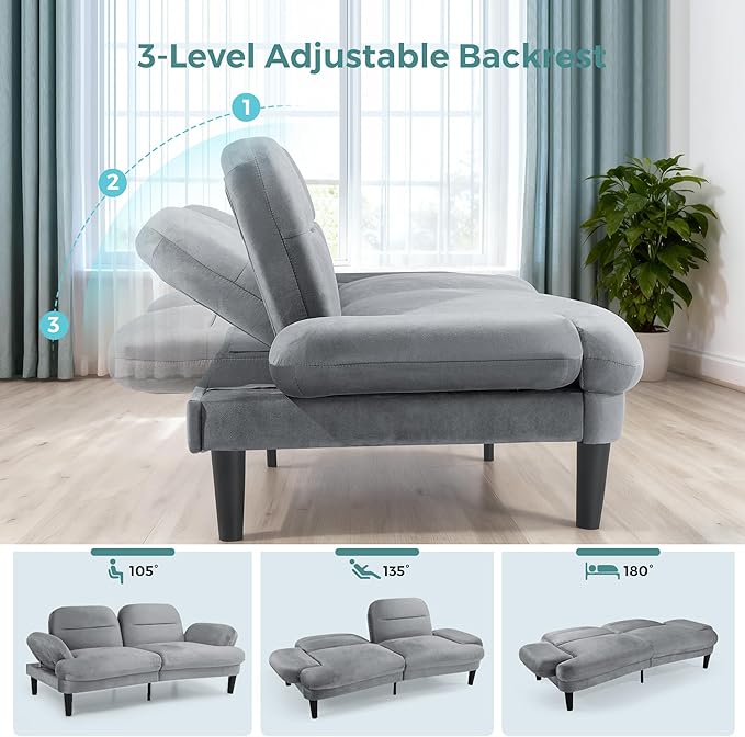 79” Futon Sofa Bed Sleeper Sofa Convertible Sofa Bed with Adjustable Backrest and Armrests Luxury Velvet Cloud Loveseat Convertible Recliner Sleeper Sofa for Living Room Bedroom Apartment Green