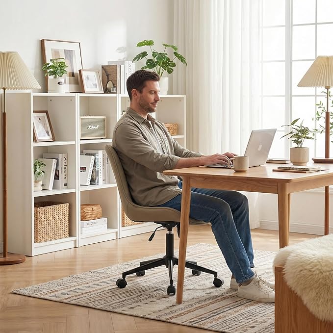 YOUNIKE Office Chair Desk Chair with Wheels Home Office Computer Task Chairs Modern Faux Leather Padded Vanity Chair Adjustable Swivel Armless Office Chairs with Back Khaki