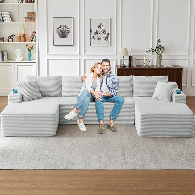 133.5 Modular Sectional Sofa with Movable Chaises Boneless Couches with Cup Holders for Living RoomOversized U Shaped Sectional Couch Modern Cloud Corner Sofa with Storage 6 Seater- Gray