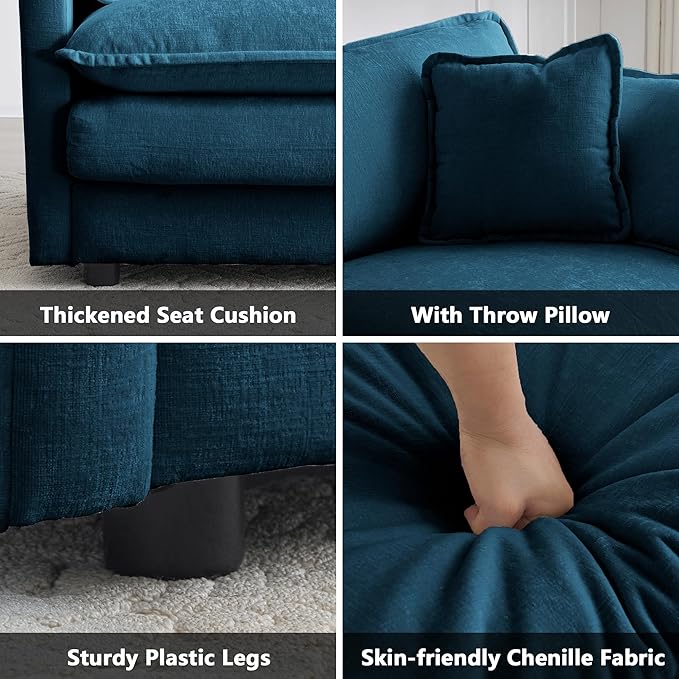 mikibama 41.4 Inch Single Seat Sofa Chenille Comfy Deep Upholstered Couch Armchair with Toss Pillow for Living Room Bedroom Office Apartment Blue