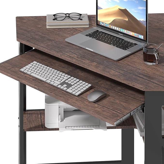 VECELO Corner Desk Computer Desk Writing Table with Smooth Keyboard Tray&ampStorage Shelves for Small Spaces/Compact Home Office Triangle TableBrown