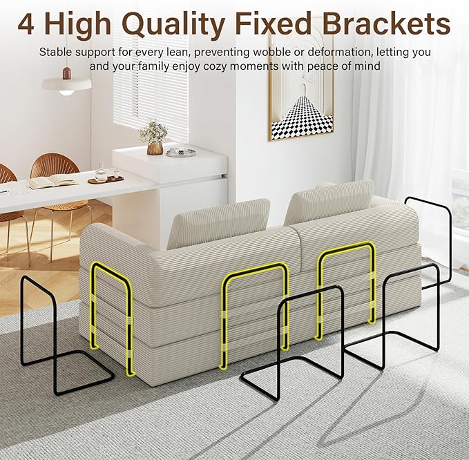 78'' Sleeper Couch Bed for Living Room Convertible Modular Sofa with Fixed Frame &amp Side Pocket Corduroy Futon Boneless Couches in a Box No Assembly Beige