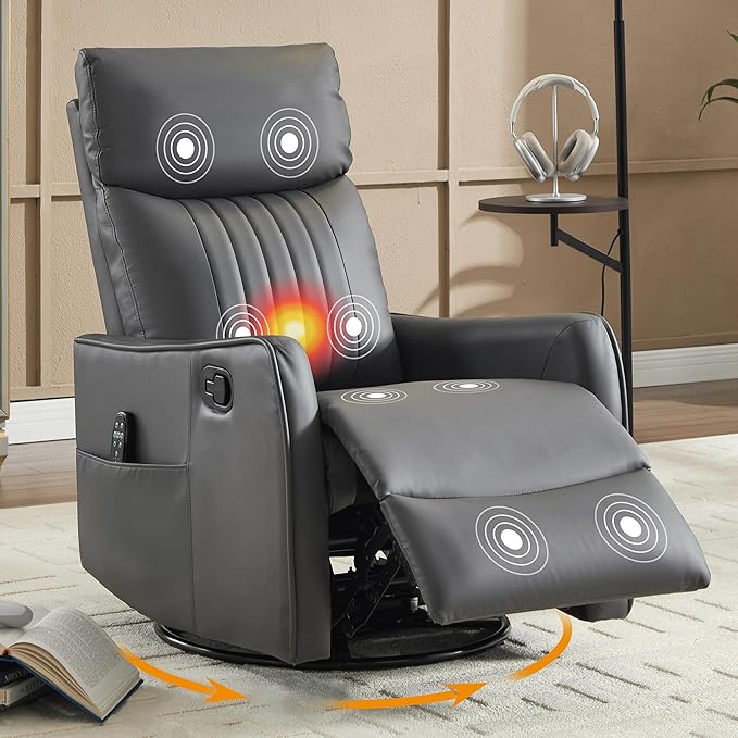 Manual Swivel Rocker Recliner Chair for Adults Overstuffed Recliner Glider with Massage and Heat Living Room Reclining Chair PU Leather Gray