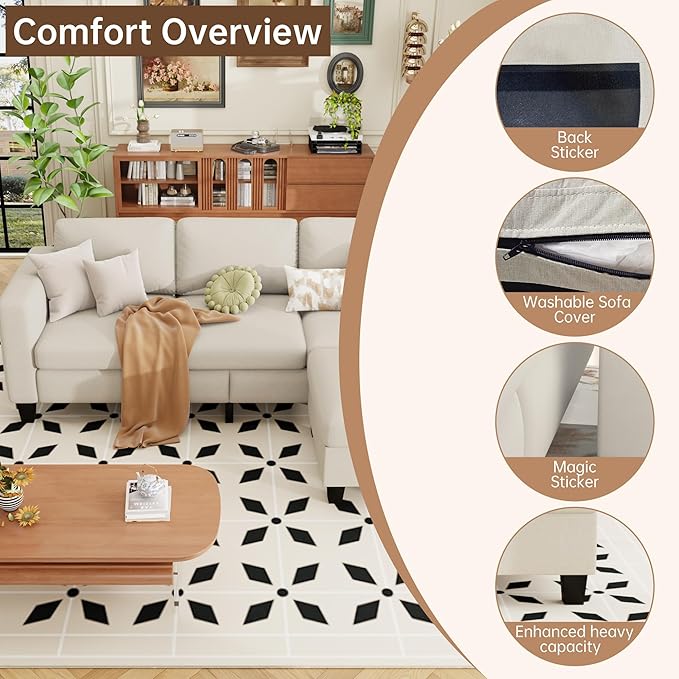 ZeeFu Sectional Sofa Couch with Storage Ottoman 78 L Shaped Modular 3 Seater Couches for Living Room Modern Linen Fabric Set for Small Space Apartment Office