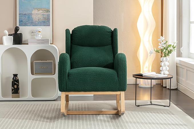 Green Teddy Fabric Rocking Chair with Wooden Legs Comfortable Armchair for Living Room Bedroom Lounging