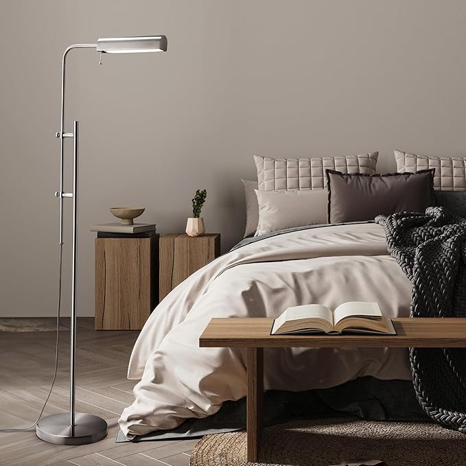 O'Bright Cedric Adjustable Pharmacy Floor Lamp - Industrial Design for Reading Crafting Work - 10W LED Height 45-61 inches - Ideal for Living Room Bedside Office - Brushed Nickel