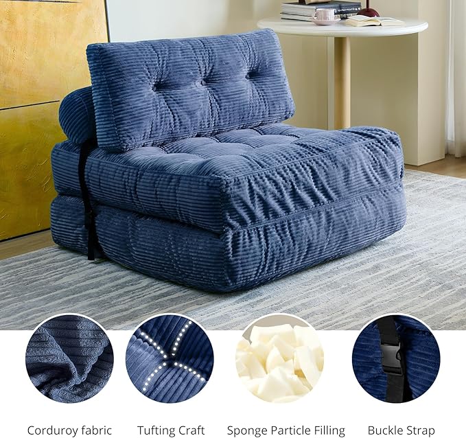 Folding Sofa Bed Convertible Sleeper Chair with Pillow Foldable Mattress with Back Support Portable Floor Sofa Lounge for Living Room Bedroom Dorm