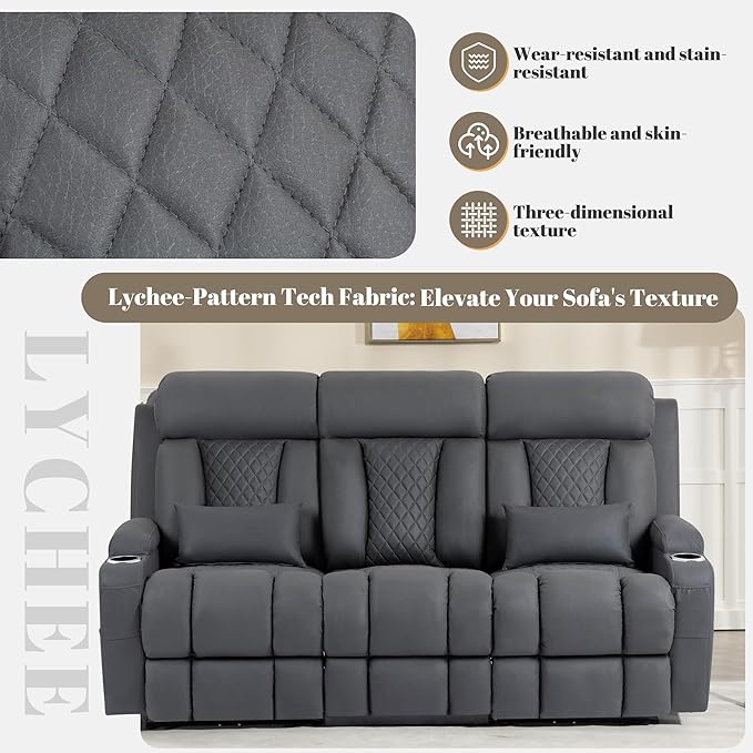 Zero Wall Hugger Power Reclining Sofa with Adjustable Headrest Electric Reclining Couch with Drop-Down TableOutlets Power Loveseat Recliner Sofa for Living Room (Gray 3 Seat)