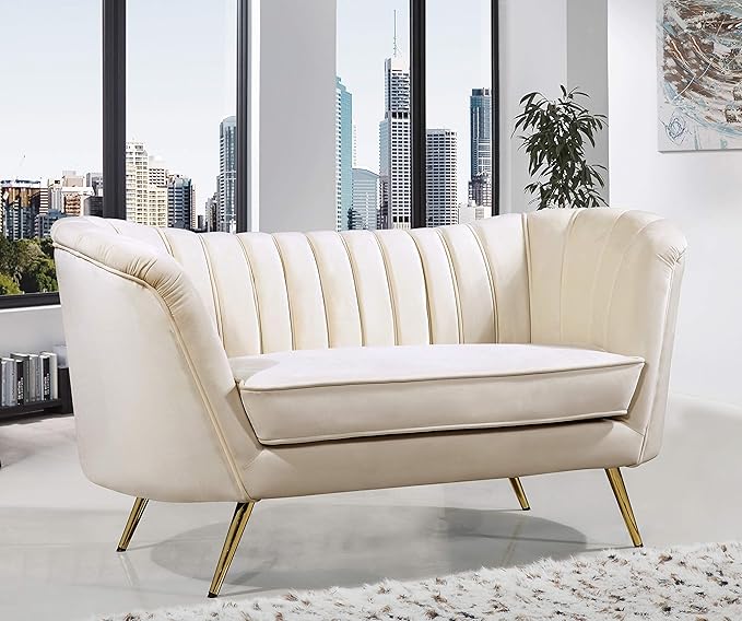 Meridian Furniture Margo Collection Modern | Contemporary Velvet Upholstered Loveseat with Deep Channel Tufting and Rich Gold Stainless Steel Legs Cream 65 W x 30 D x 33 H