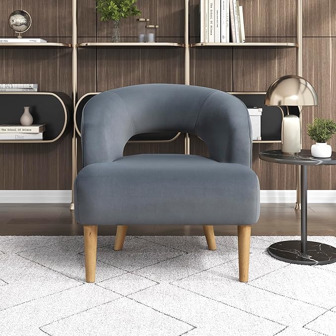 Lexicon Accent Arm Chair Modern Comfy Velvet Accent Chair Open Back with Solid Wood Legs for Living Room/Bedroom/Office/Waiting Room Dark Gray