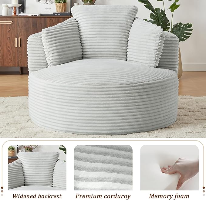 Round Chair Lounge Chaise Indoor 48.8 Oversized Sofa Chair Upholstered Corduroy Deep Seat Sleeper Sofa Bed No Assembly Required for Living Room Bedroom Apartment Light Grey