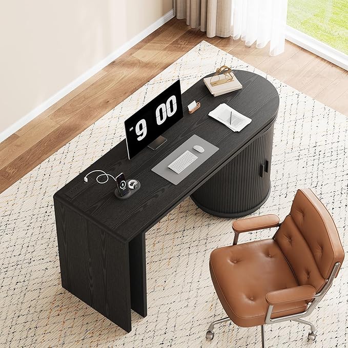 ONBRILL 60 Inch L Shaped Desks with Power Outlets360° Rotating Fluted Computer Desk with Storge Swivel Corner Table for Home OfficeWorkstationStudy RoomBlack