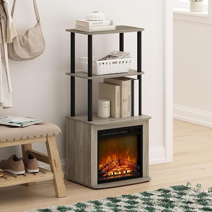 Furinno Turn-N-Tube 2-Tier Tall TV Entertainment Side Table Display Rack with Fireplace Insert French Oak Grey/Black