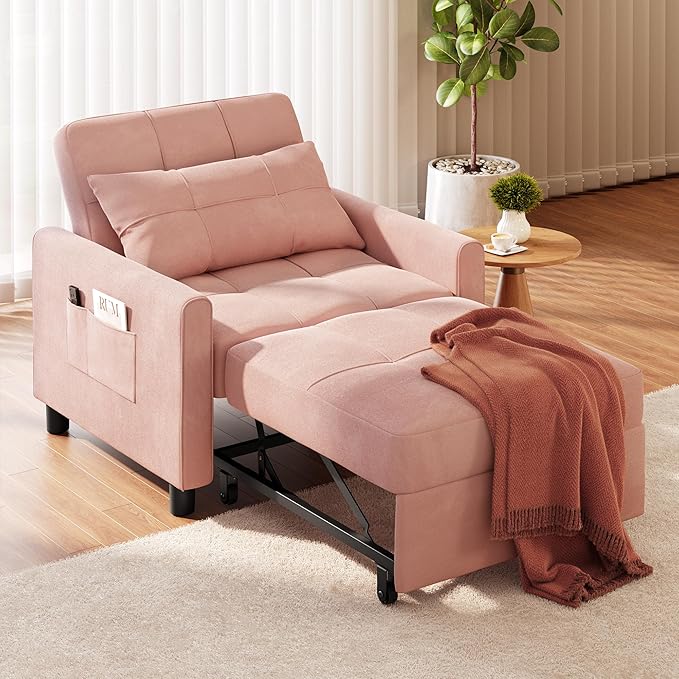Ahomly Convertible Sleeper Chair Sofa Bed with 3-in-1 Design Adjustable Backrest and Storage Pocket for Living Room Pink