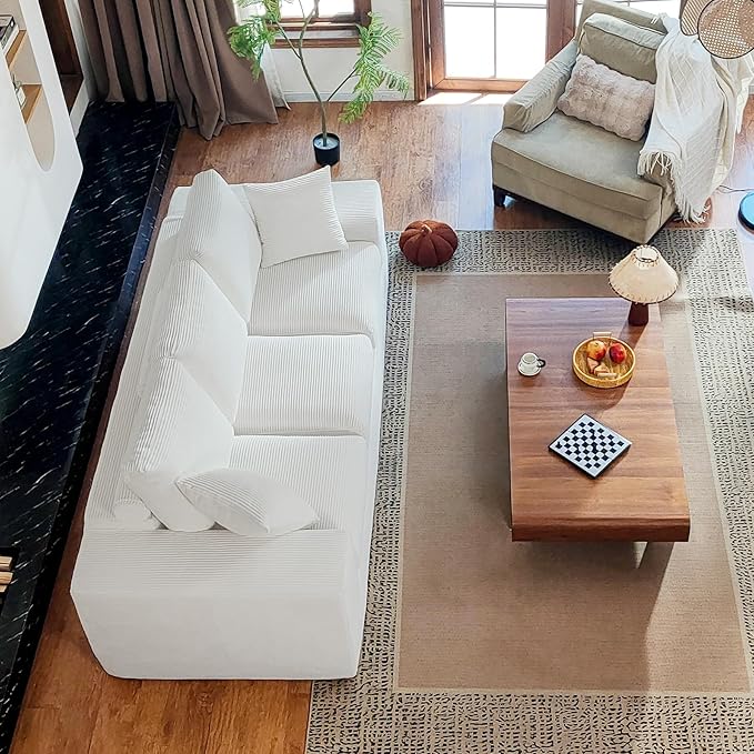 91.7 Boneless Sofa Couch with Layered Cushion3 Seater Cloud Couch with Deep SeatUpholstered Corduroy Floor Sofa with Removable Cover &ampThrow Pillows for Living RoomNo Assembly Beige
