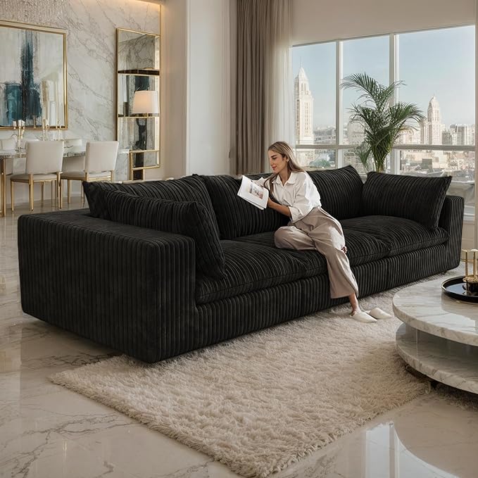 Oversized 118 W Corduroy Boneless Couches for Living Room No Assembly Required 3-Seaters Modular Sectional Sofa with Removal Cushion Comfy Plush Upholstered Couch for Apartment/Office (Black) | Co