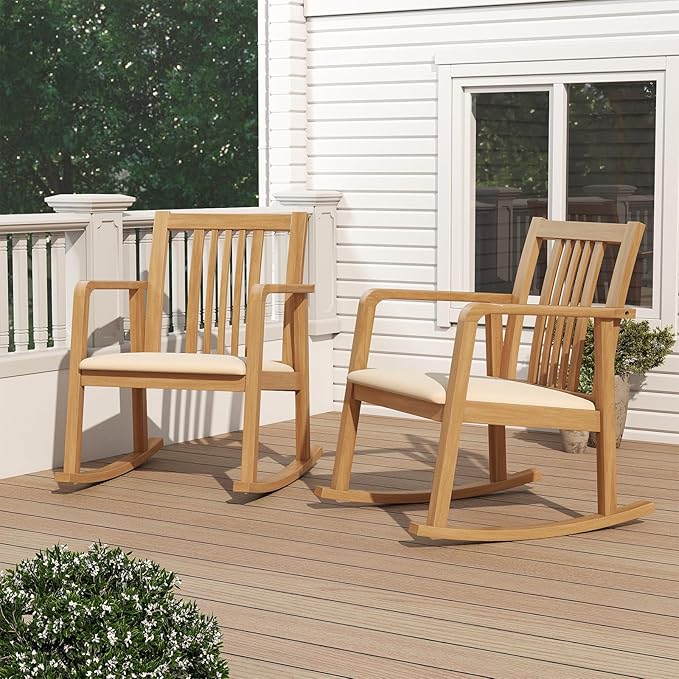 Giantex Rocking Chair with Cushioned Seat Indoor Solid Rubber Wood Rocker Chair w/Slatted Back &amp Curved Armrests Wooden Accent Armchair for Living Room Bedroom Study Porch (2Natural + Beige)