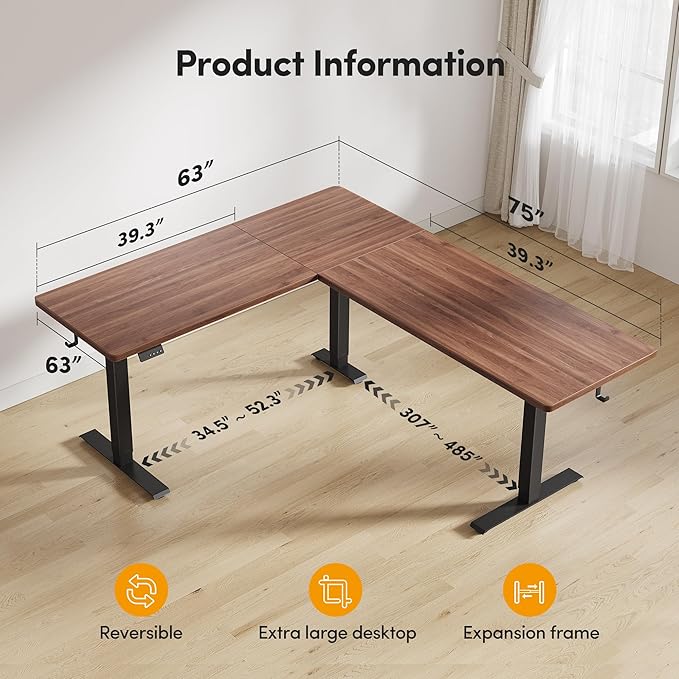 CubiCubi L Shaped Standing Desk 75 x 63 Inch Adjustable Height Electric Corner Desk Sit Stand Home Office Desk with Splice Board Black Walnut(2 Packages