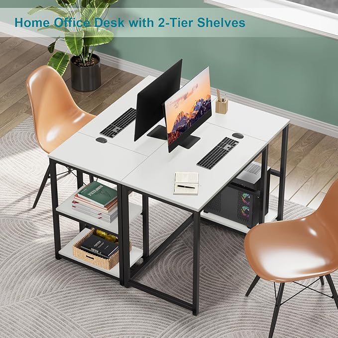 SINPAID Computer Desk 47 inches with 2-Tier Shelves Sturdy Home Office Desk with Large Storage Space Modern Gaming Desk Study Writing Laptop Table White Desk