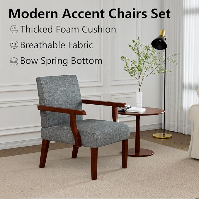 2PCS Accent Chairs with Table Set Fabric Upholstered Modern Accent Armchair Wood Frame Wide Corner Chair with Round Side Table for Small Space (Grey)