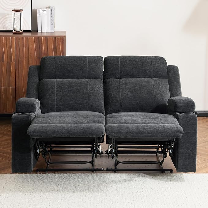 55 Manual Reclining Loveseat Sofa – Space Saving RV Couch with Cup Holders Dual Seat Reclining &amp Love Seat Design Ideal for RV Campers Motorhomes &amp Living Room