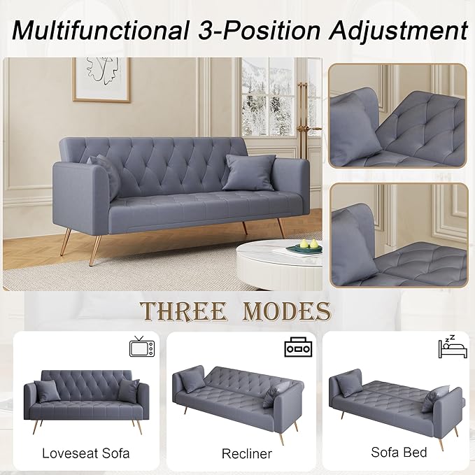 71 Futon Sofa Bed VelvetConvertible Sleeper Sofa CouchModern Folding Futonwith 3 Adjustable Backrests and 2 Pillowsfor Small Living Room Bedroom Office (Grey)