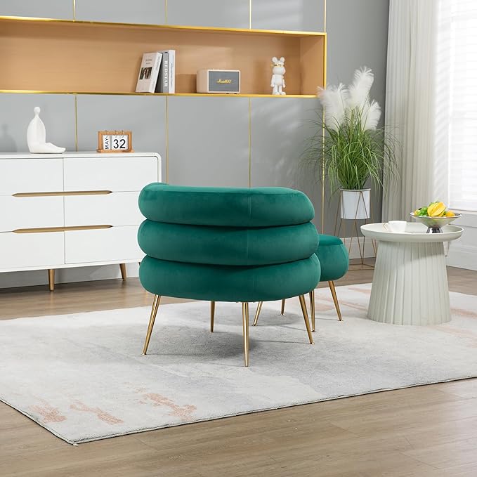 Velvet Accent Chair with Ottoman Set Modern Upholstered Armchair Tufted Chair with Footstool Single Sofa Chair with Metal Legs for Living Room Apartment Bedroom(Green-Chair and Ottoman)