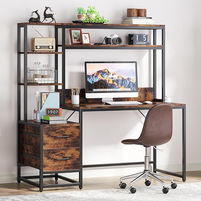 LITTLE TREE Computer Desk with Drawers and Hutch Rustic Office Desk with Storage Shelves for Home Office