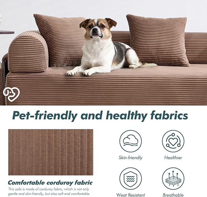 10-in-1 Folding Convertible Sofa Bed 141 Inch Boneless Couch with Fixed-Shape Frame Corduroy Modular Sectional Sofa Mattress Sleeper Sofa Floor Sofa Futon Couch for Living Room (Brown)