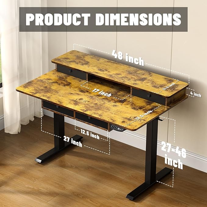 48 * 30 Inches Electric Standing Widened Desk Adjustable Height with 4 Drawers Double Storage Shelves Stand Up Desk Home Office Workstation Sit Stand up Desk (Rustic Brown)
