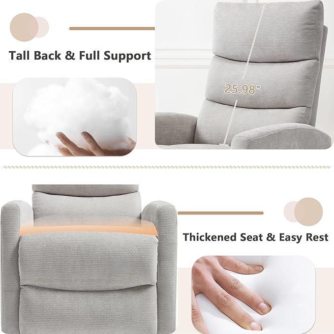 cinkehome Small Swivel Rocker Recliner Chair with Heated Massage Upholstered Nursery Glider Recliner Chair High Back Side Pocket (Beige Chenille Fabric)