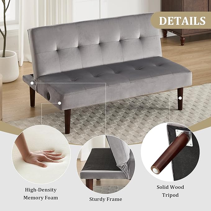 Anwick Convertible Futon Sofa Bed with Charging Port 45″ Folding Sleeper Sofa Adjustable Backrest Small Couch for Living Room Small Spaces Or Office Modern Loveseat (Gray)