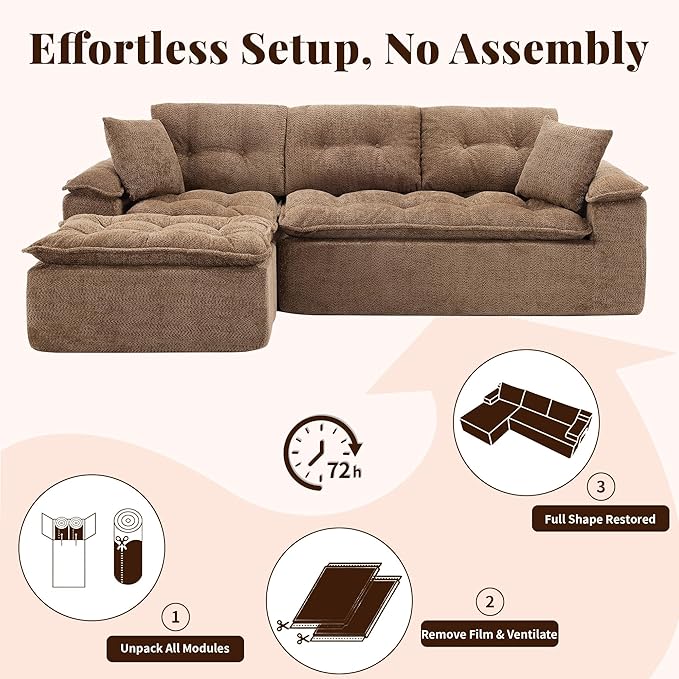 110 Modular Sectional Sofa Cloud Sectional Couch with Ottoman Modern L Shaped Sofa with Deep Seat Upholstered Boneless Couch for Living Room with Layered Cushion No Assembly Brown