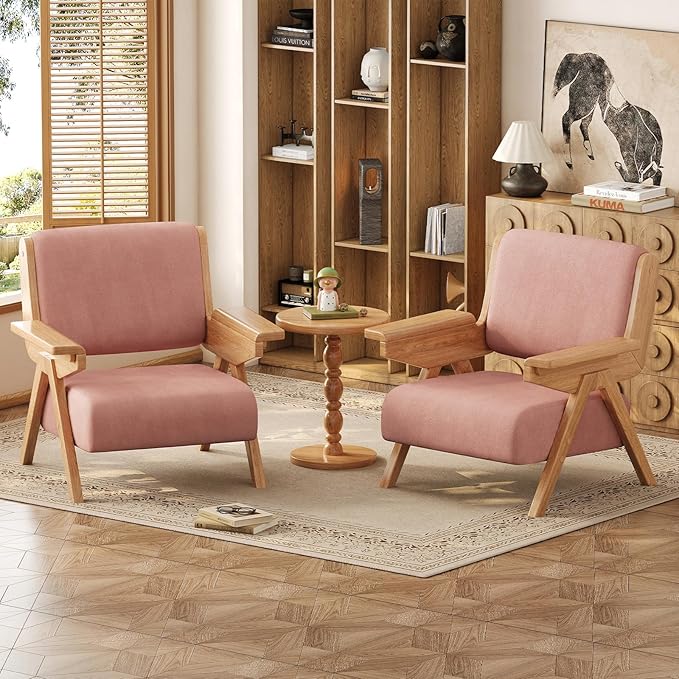 Accent Chair Mid Century Modern Chair Velvet Upholstered Lounge Arm Chair with Solid Wood Cozy Seating for Living Room Bedroom Balcony (Pink Single Chair)