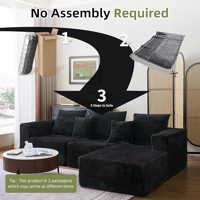 108'' Boneless Couch Sectional Boneless Couch w/Deep Seat Cloud Boneless Couches w/Stripe&amp Flannel Fabrics Boneless L Shaped Couches for Living Room Right Facing Chaise Black