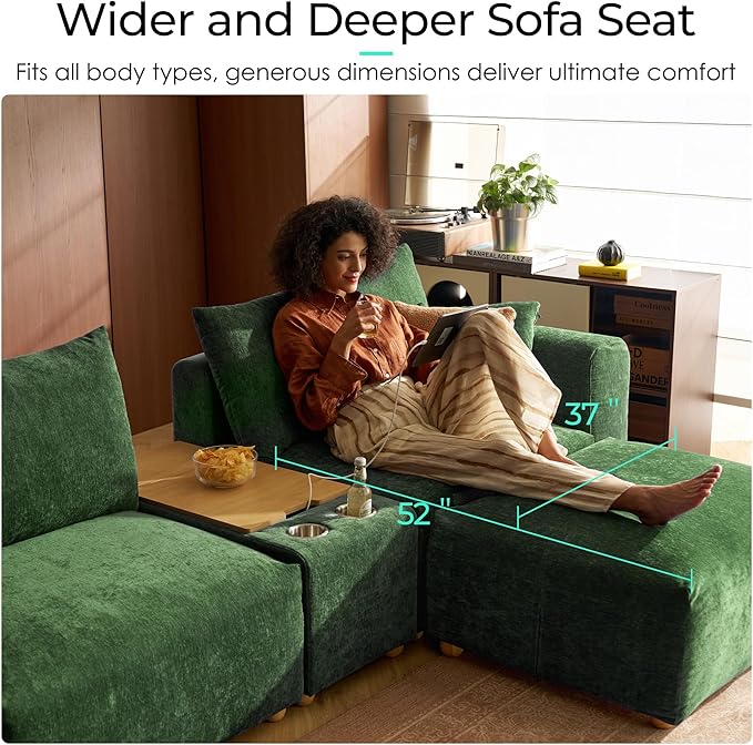 LINSY HOME Modular Sectional Cloud Couch 109 Ultra Soft Loveseat with Versatile Console and Removable Ottomans Soft Convertible Sectional Sofa Sets for Living Room Apartment Home Theater Green