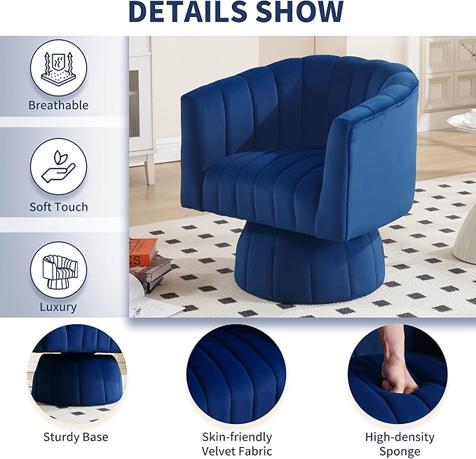 Swivel Accent Barrel Chair Set of 2- Cute Comfy Small Round Arm Chair Velvet Sofa Club Reading Chair for Living Room Bedroom Dark Blue