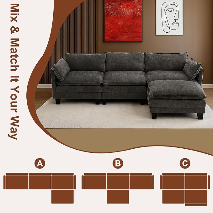 111” Modular Sectional Sofa L Shaped Cloud Couch with Ottoman Chenille Deep Seat Sofa with Pillow for Living Room Bedroom and Apartment4 Seats Grey