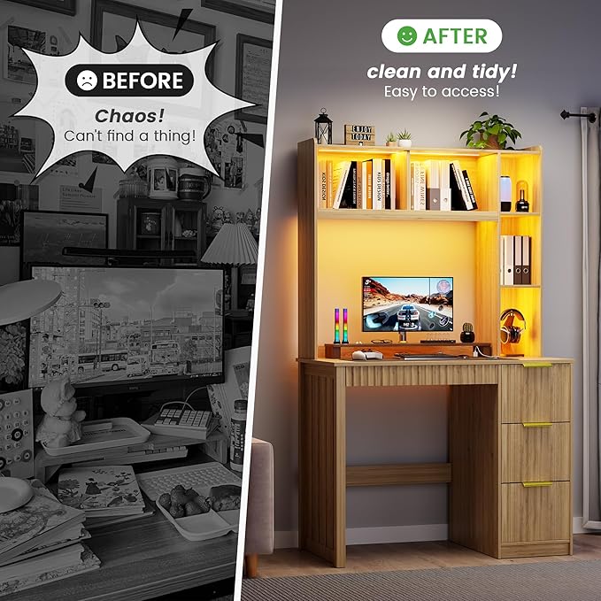 HNEBC Home Office Desk with Hutch and Drawers - 39 Standing Computer Desk with Charging Station&amp3 Color LightsHidden Compartment &amp Fluted Panel Design LED Writing Desk for Bedroom Study (N