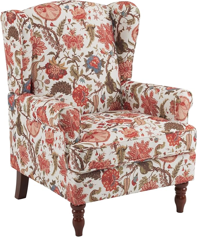MELLCOM Floral Accent Chair High Back Upholstered Armchair with Solid Legs Leisure Single Sofa Chair for Living Room Bedroom Home Office Red Floral